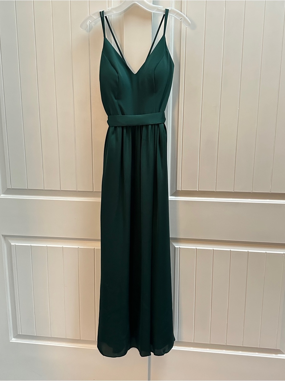 David's Bridal Deep Green Double-Strap V-Neck Maxi Dress with pockets